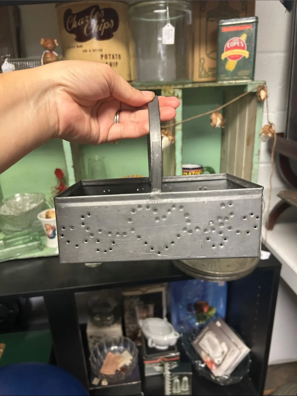 Vintage Gray Metal Perforated Heart Decorative Basket with Handle